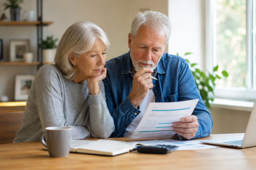 Older homeowners reviewing equity release documents while considering whether to downsize or use equity release.