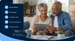 Equity Release vs Remortgage comparison image showing an older couple reviewing later-life borrowing options at home with icons for costs, repayments and long-term planning.