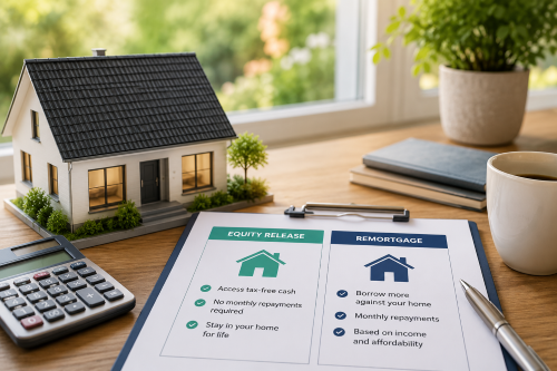 Equity Release vs Remortgage for Home Improvements comparison shown with a house model, calculator and financial planning documents.