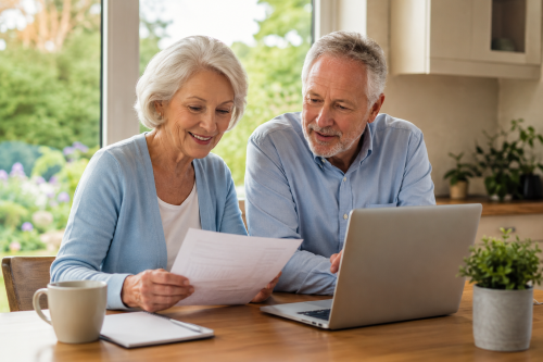 Flexible lifetime mortgage equity release advice for an older couple reviewing documents at home.