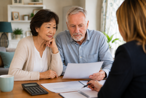 Older couple reviewing equity release documents with an adviser for “Is Equity Release Right for You?”