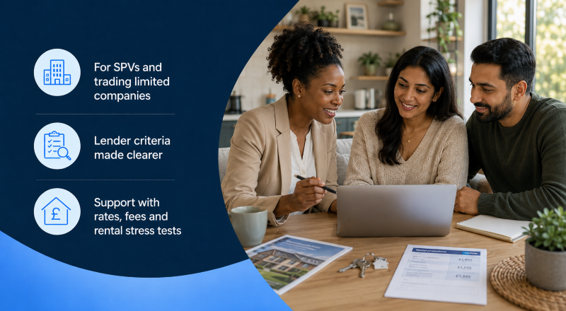 Limited Company Buy-to-Let adviser reviewing lender criteria, rates, fees and rental stress tests with property investors.