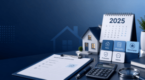Alt text: Mortgage Advice in 2025 with a model home, mortgage documents, calculator and advice icons.