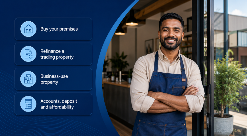 Owner-occupied commercial mortgage featuring a business owner outside their premises, with icons for buying, refinancing and affordability.