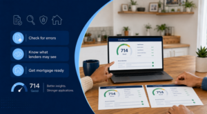 Hands reviewing two printed credit profiles beside a laptop displaying a credit report before a mortgage application.