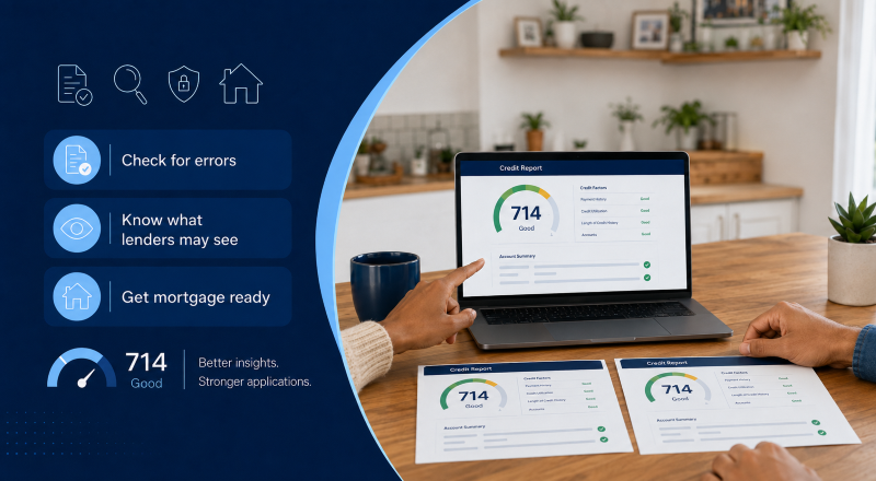 Hands reviewing two printed credit profiles beside a laptop displaying a credit report before a mortgage application.
