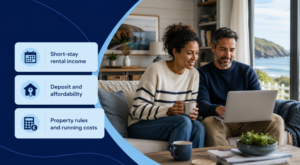 Holiday Let Mortgage planning with a diverse couple reviewing rental income, affordability and property costs.
