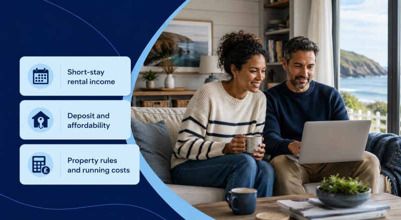 Holiday Let Mortgage planning with a diverse couple reviewing rental income, affordability and property costs.