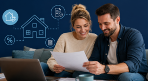 Product Transfer or Remortgage options reviewed by a 35-year-old couple at home.