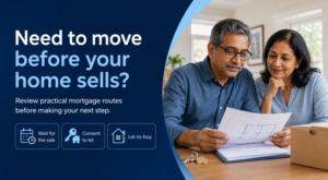 : What if I cannot sell my home before moving? Mature couple reviewing mortgage options, consent to let and let-to-buy plans.
