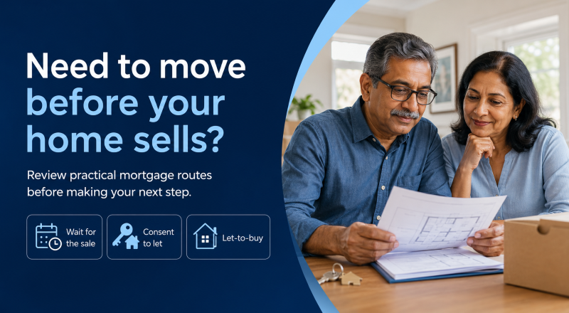 : What if I cannot sell my home before moving? Mature couple reviewing mortgage options, consent to let and let-to-buy plans.