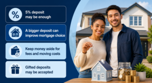 First-Time Buyer Deposit Guide showing a couple with house keys, savings, deposit information and moving cost icons.