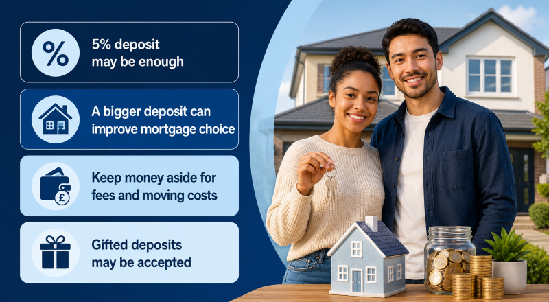 First-Time Buyer Deposit Guide showing a couple with house keys, savings, deposit information and moving cost icons.