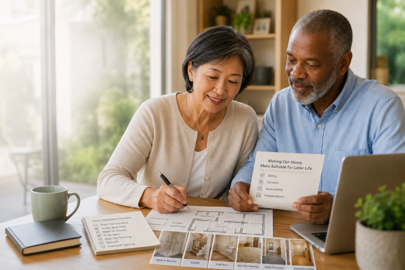 Using Your Home in Retirement Planning: a Chinese woman and a Black man reviewing home adaptation plans, accessibility notes and later-life improvement ideas at a desk in a bright home setting.