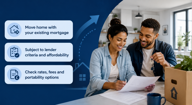 Can I Port My Mortgage When Moving House? Couple reviewing mortgage portability options with moving boxes and house keys.