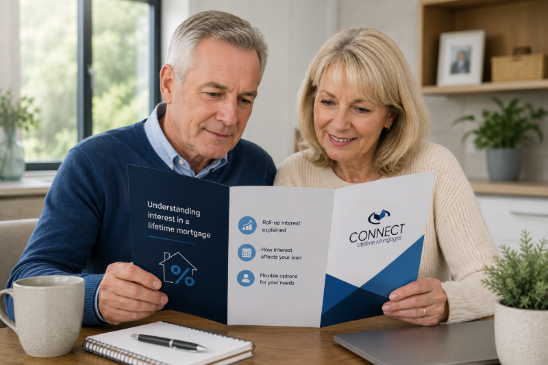 Lifetime Mortgage Interest hero image showing a white older couple reviewing a Connect Lifetime Mortgages brochure about roll-up interest and flexible later-life lending options.