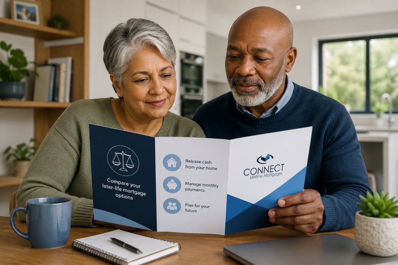 Lifetime Mortgage vs RIO Mortgage hero image showing a diverse older couple at home reviewing a Connect Lifetime Mortgages brochure about later-life mortgage options.