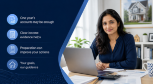 Can I Get a Mortgage With One Year’s Accounts? Self-employed woman reviewing income documents and mortgage options.