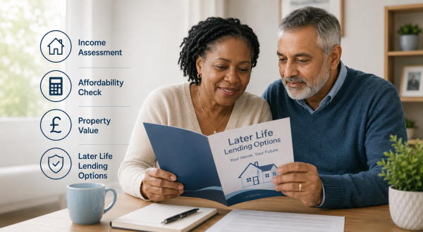 Later-Life Lending and Inheritance. Diverse older couple reviewing later life lending documents with icons for income assessment, affordability check, property value and later life lending options.