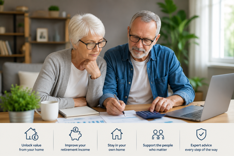 Older couple reviewing retirement finances at home for Downsizing, Remortgaging or Equity Release