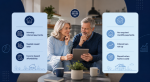RIO Mortgage vs Lifetime Mortgage comparison showing later life borrowers reviewing monthly interest payments, interest roll-up and repayment options at home