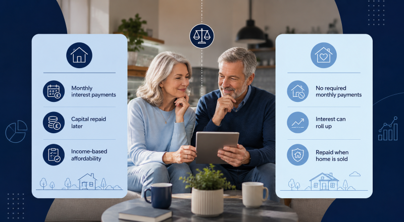 RIO Mortgage vs Lifetime Mortgage comparison showing later life borrowers reviewing monthly interest payments, interest roll-up and repayment options at home