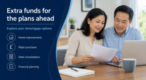 Asian couple reviewing remortgage options to borrow more for home improvements, major purchases and debt consolidation