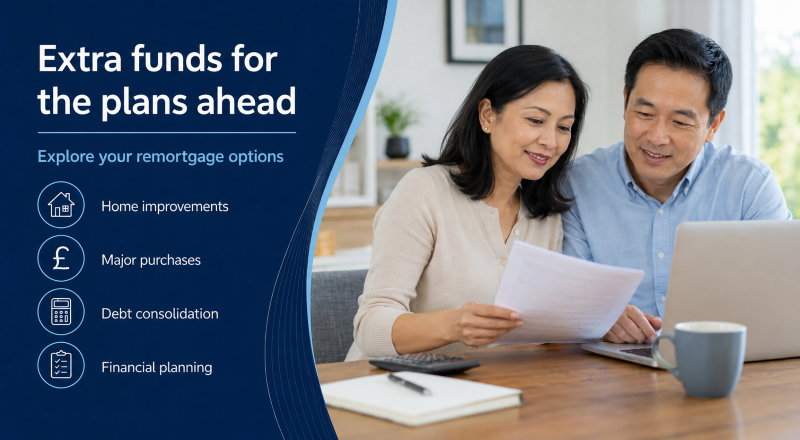 Asian couple reviewing remortgage options to borrow more for home improvements, major purchases and debt consolidation