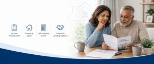 Can You Remortgage in Retirement? Senior couple reviewing later life lending options with income assessment, property value and affordability check icons.