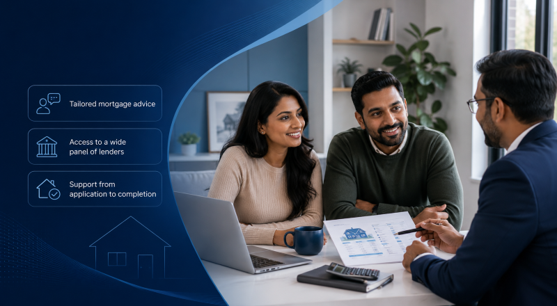 Expert mortgage broker advising a South Asian couple on mortgage options with lender access and application support.
