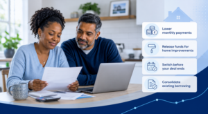 Top Reasons to Remortgage – homeowner couple reviewing mortgage options with icons for lower payments, home improvements, deal switching and borrowing consolidation.
