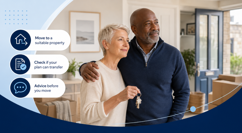Can You Move Home With Equity Release? Mature mixed couple holding house keys in a new home with moving boxes and adviser guidance icons.
