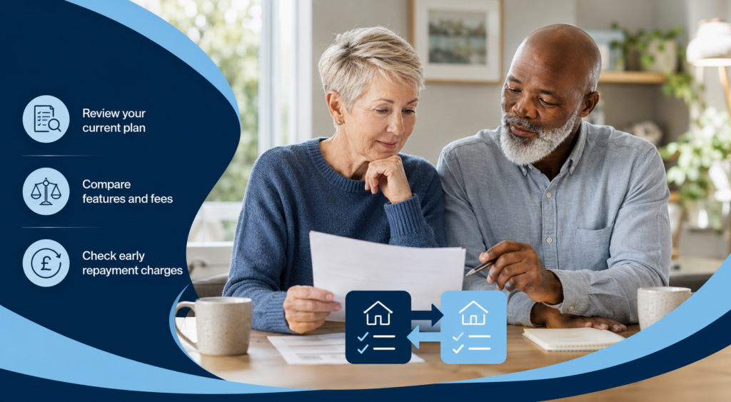 Can You Switch Your Equity Release Plan? Older mixed couple reviewing plan documents with comparison icons for fees, features and repayment charges.