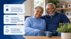 Equity Release Success Stories showing a happy retired couple at home with testimonial-style quote cards about home improvements, family support and clear advice