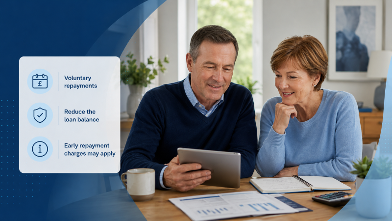 Can You Pay Back Equity Release? White couple reviewing repayment options on a tablet with equity release repayment icons