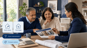Equity Release vs Remortgage for Home Improvements consultation with a mature couple and adviser comparing funding options.