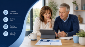 Equity Release vs Traditional Mortgages – mature couple comparing later-life mortgage options with icons for tax-free cash, repayments and planning