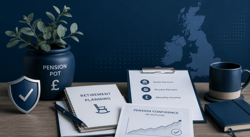 Pension Confidence in Britain shown through retirement planning documents, a pension pot, security shield and UK map.