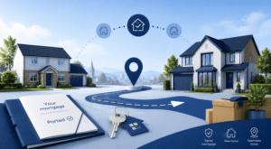 Porting a Mortgage When Moving Home, illustrated by two UK properties linked by a moving route, location pin, keys and mortgage documents.