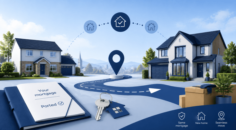 Porting a Mortgage When Moving Home, illustrated by two UK properties linked by a moving route, location pin, keys and mortgage documents.