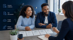Self-Employed Mortgage Preparation with a couple reviewing income evidence, tax documents and bank statements with a mortgage adviser.
