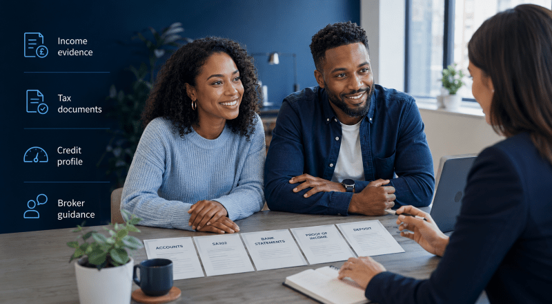 Self-Employed Mortgage Preparation with a couple reviewing income evidence, tax documents and bank statements with a mortgage adviser.