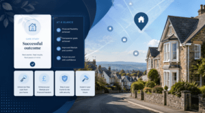 Equity Release Case Studies illustrated by UK homes, location markers and successful outcome icons