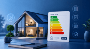 What Your Home’s EPC Colour Means in 2026, showing a modern energy-efficient house beside an A-to-G EPC rating chart and home efficiency icons.