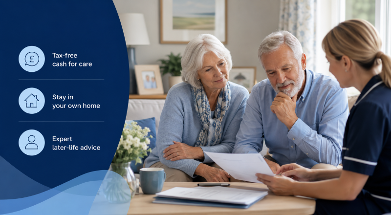 Using Equity Release to Fund Care – older white couple discussing care funding options at home with a later-life adviser