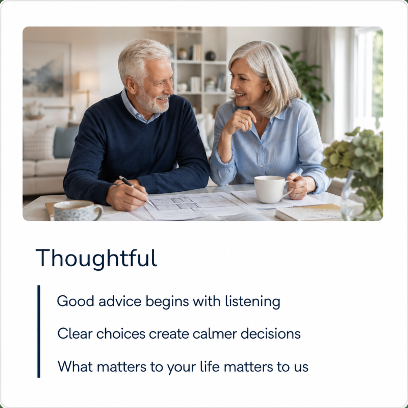 About Connect Lifetime Mortgages: Older couple reviewing later-life mortgage plans at home with thoughtful, clear advice messaging