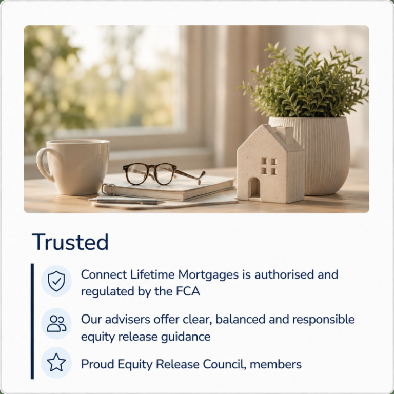 About Connect Lifetime Mortgages trusted later-life advice panel with home, security and adviser support icons