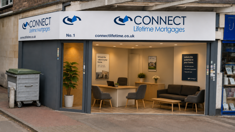 About Connect Lifetime Mortgages office with branded storefront and open later-life mortgage consultation space