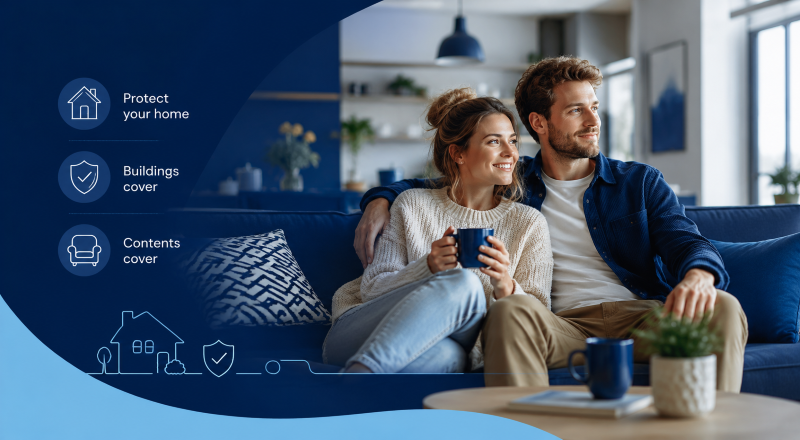 Buildings and Contents insurance hero image showing a young white couple relaxing at home with house, shield and contents cover icons in Connect Lifetime blue branding.