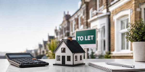 Buy-to-let mortgages with model house, calculator, notebook and to let sign